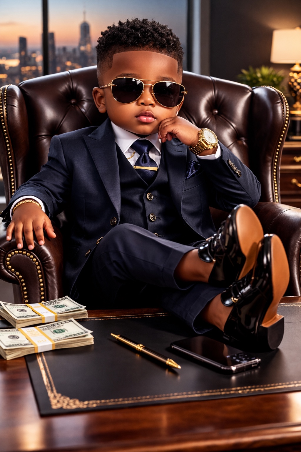 Lil Boss Bray seated at an executive desk in a navy suit